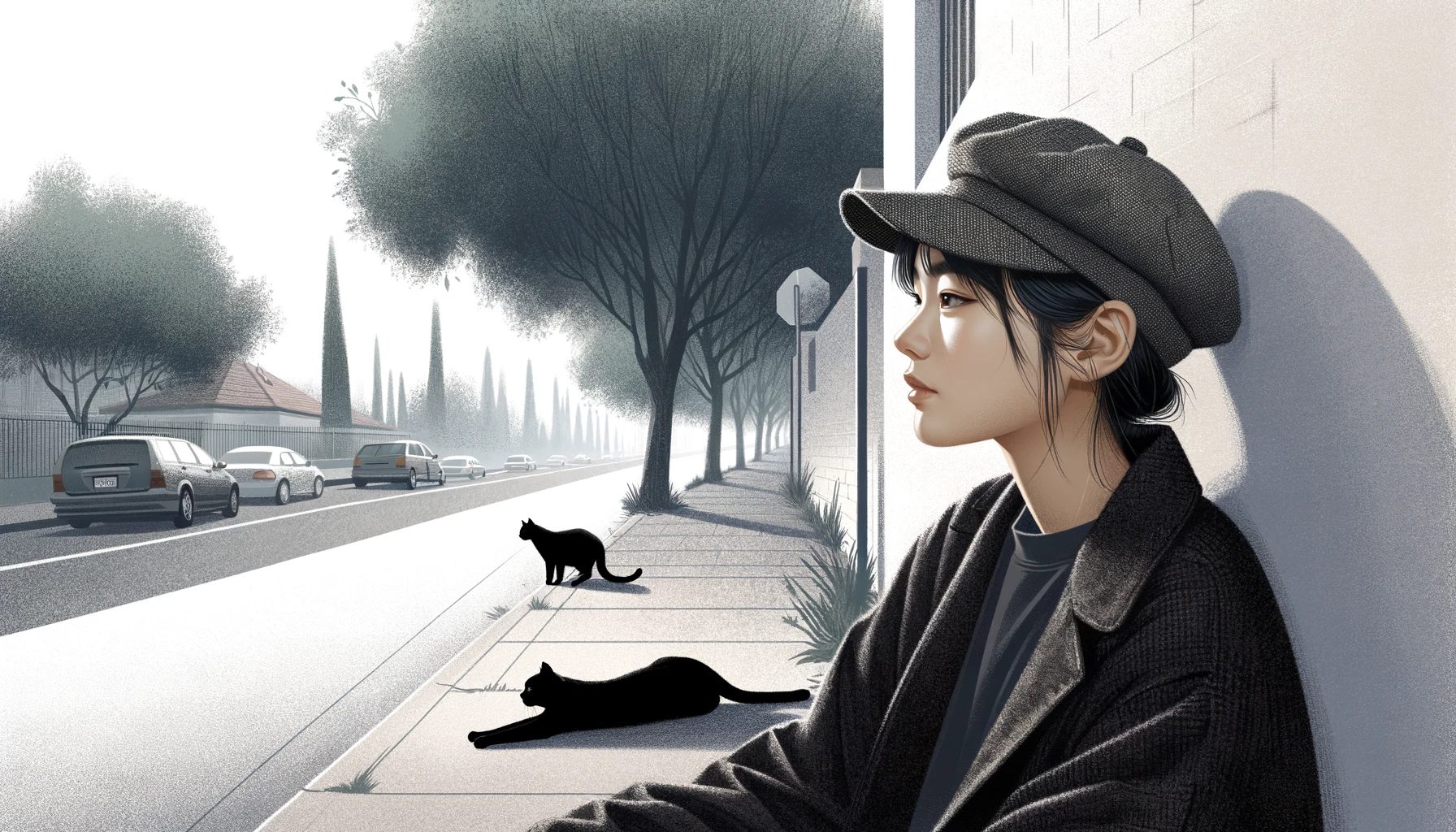 街角で佇む人と猫のイラスト